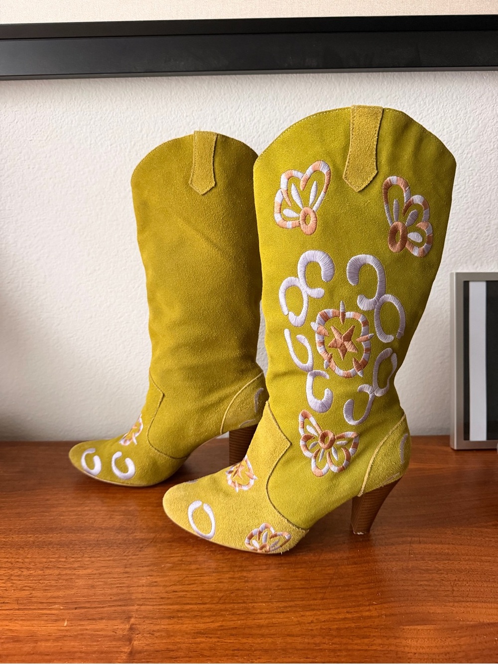 Embroidered Yellow Suede Western Heeled Boots - Women's